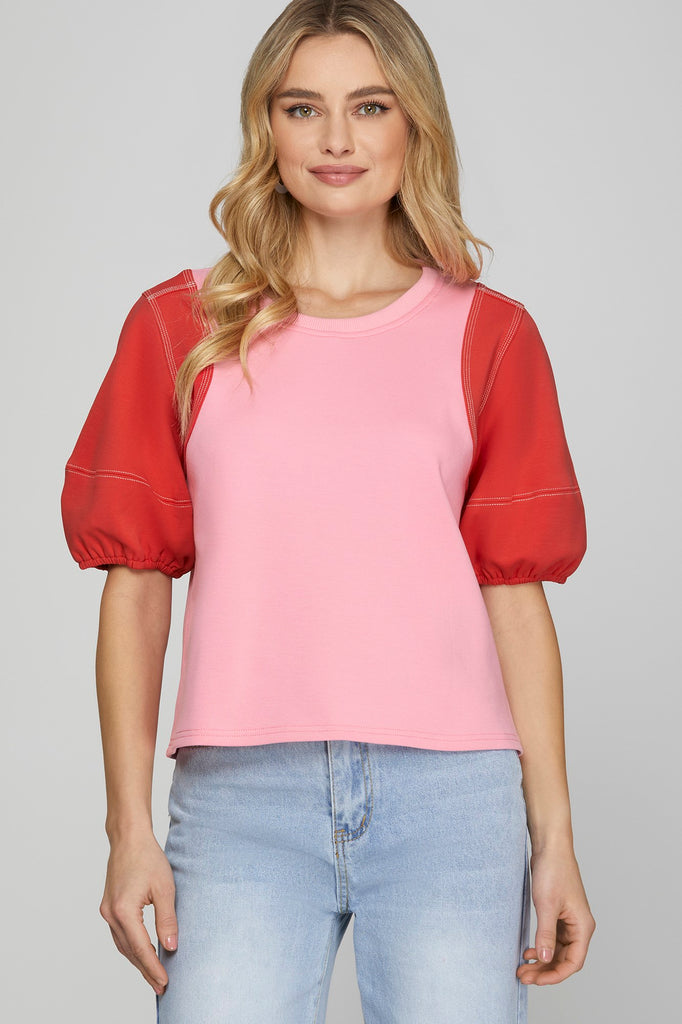 Pink Red SS Heavy Knit Top