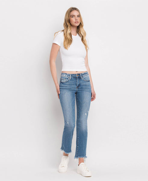 MID RISE DISTRESSED HEM ANKLE BOOTCUT JEANS F5011