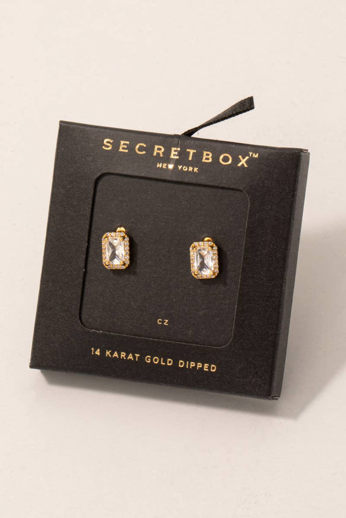 Secret Box Gold Dipped Cz Baguette Halo Stud Earrings