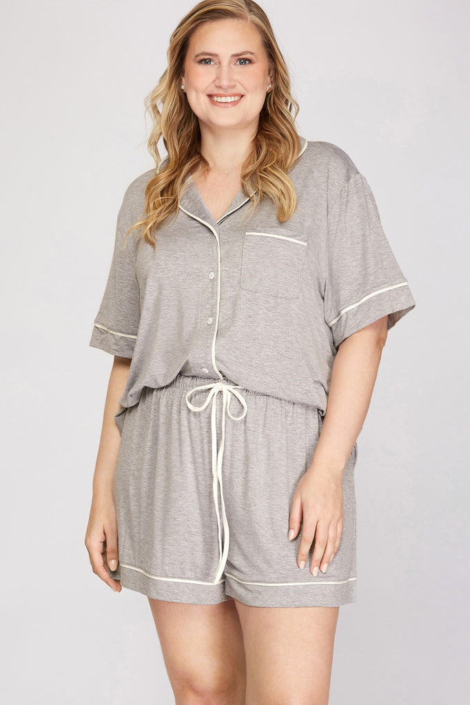 Contrast Piping Knit PJ Set-Plus