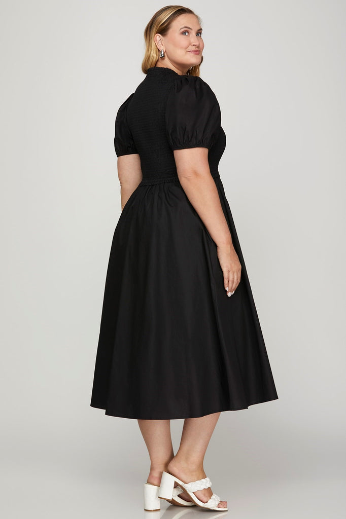 Short Puff Sleeve Bow Tie Zipper Midi Dress PLUS