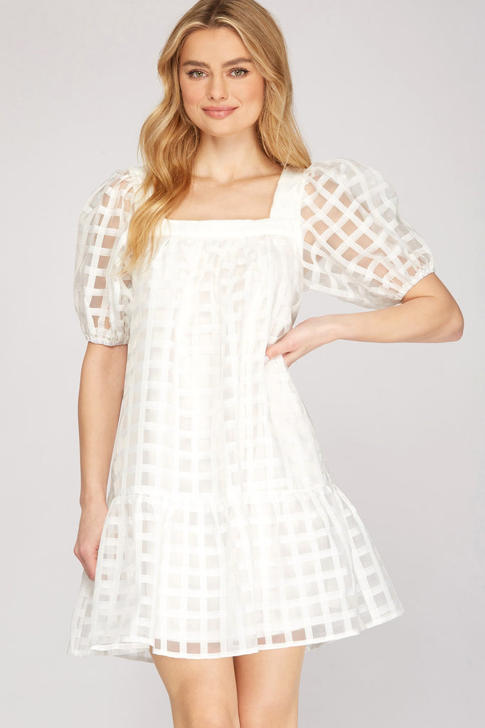 SHORT PUFF SLEEVE GRID PATTERN DRESS