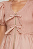 Short Puff Sleeve Bow Tie Zipper Midi Dress in Rose