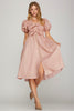 Short Puff Sleeve Bow Tie Zipper Midi Dress in Rose