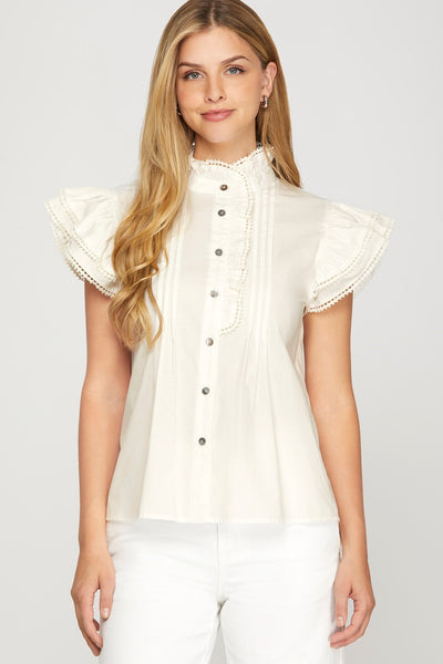 RUFFLE SLEEVE EDGE TRIM BUTTON DOWN WOVEN TOP