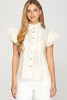 RUFFLE SLEEVE EDGE TRIM BUTTON DOWN WOVEN TOP