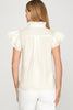 RUFFLE SLEEVE EDGE TRIM BUTTON DOWN WOVEN TOP