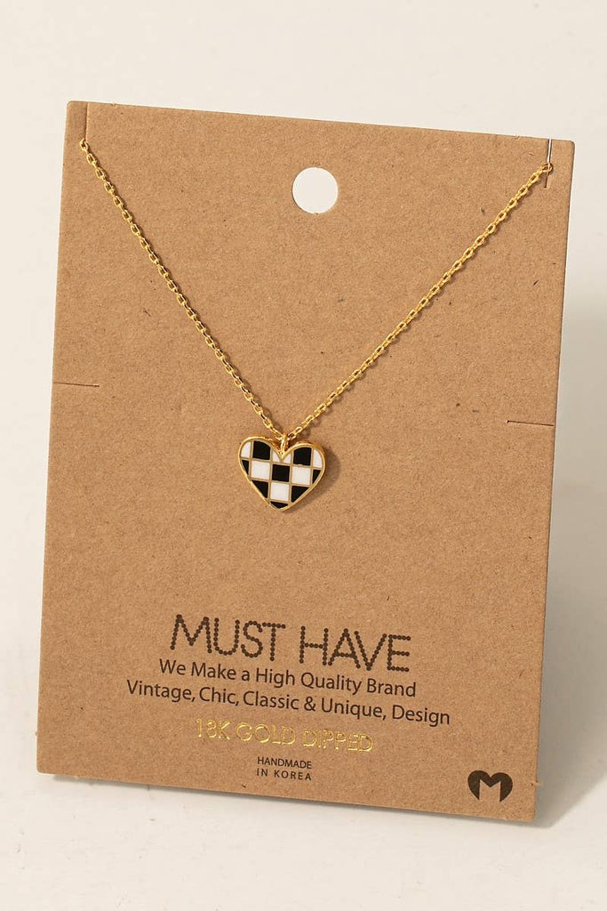 Gold Dipped Epoxy Checkered Heart Pendant Necklace