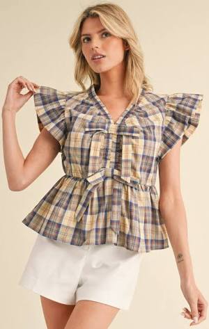 Royal Blue Plaid Bow Top